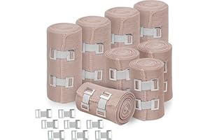 D&H Medical Elastic Bandage Wrap – 8 Pack Premium Compression Bandage Rolls + 8 Extra Clips | 4 Rolls of Each Size (4 Inch x 5 Feet & 3 Inch x 5 Feet), Elastic Bandage for Wrist, Calf, Ankle & Foot