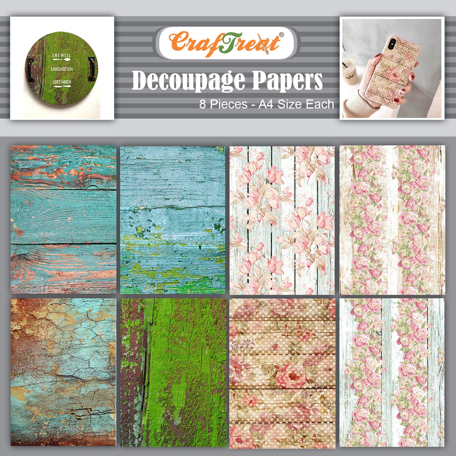 CrafTreat Reusable Wood Decoupage Paper for Furniture - Woods and Floral Wood Background - Size: A4 (8.3 x 11.7 Inch) 8 Pcs - Decoupage Paper for Crafts and Scrapbooking