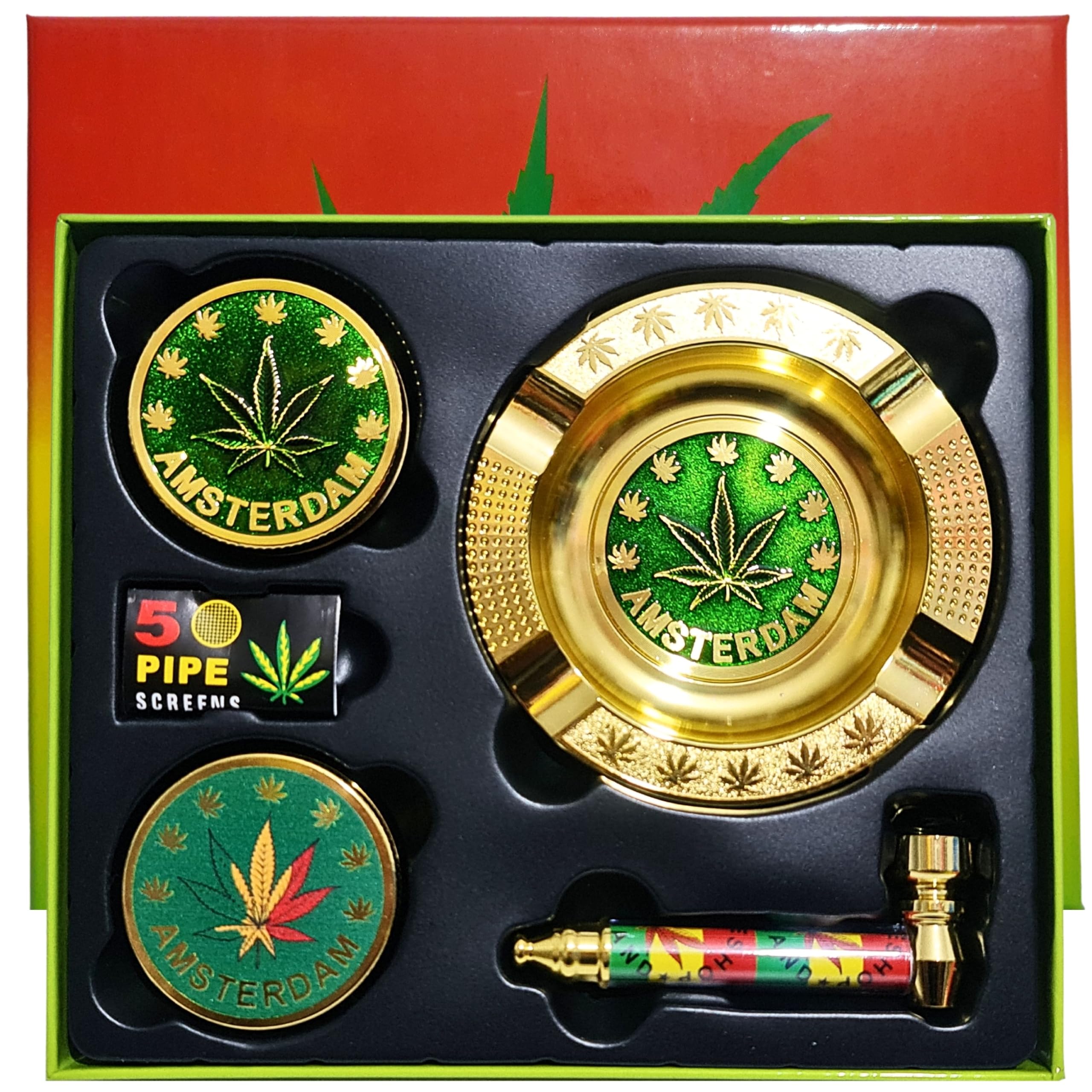 Zactly Exclusive 5 in 1 Smoker Smoking Accessories Kit 2 Collection Bundle, Tobacco Metal Ashtray + 4-Tier Crusher + Smoking Pipe + Steel Mesh/Filter and Presentable Gift Box (Green Leaves Design)