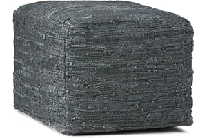 SIMPLIHOME Fredrik Square Pouf, Footstool, Upholstered in Grey Woven Leather, for the Living Room, Bedroom and Kids Room, Transitional, Boho