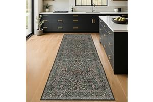 HAZO HAUS Non Slip 2x6 Kitchen Runner Rug Washable, Rubber Backed Hallway Runner Rugs, Boho Vintage Floral Botanical Dark Green Non Skid Carpet for Entryway, Bathroom, Hall Way Mats for Floor