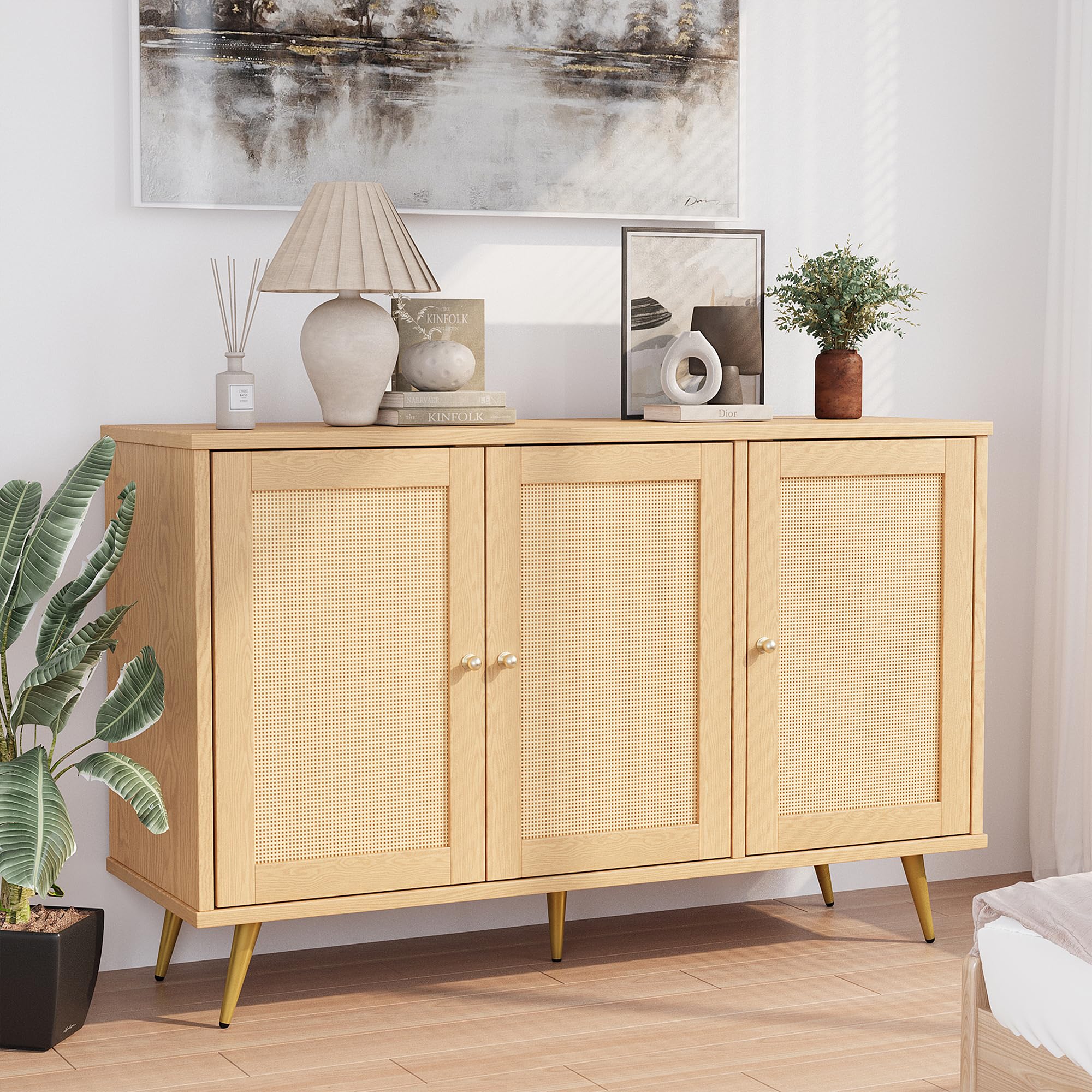 Photo 1 of Shintenchi Large Rattan Storage Cabinet, Modern Sideboard Cabinet, Accent Large Storage Space Cabinet with Rattan Decorated Doors for Living Room, Dining Room