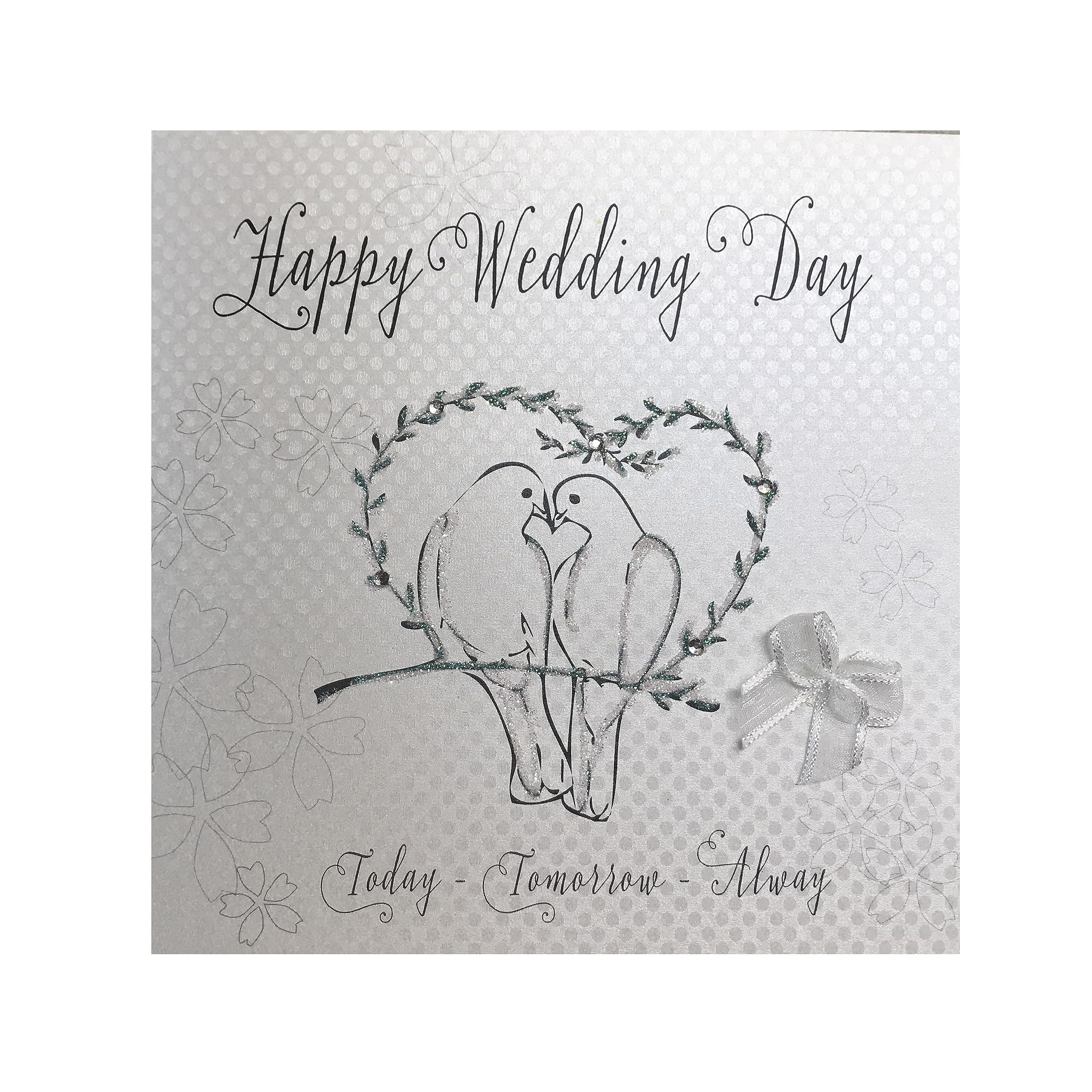 WHITE COTTON CARDS Handmade Wedding Doves and Heart Happy Wedding Day Card, White NEW,16cm x 16cm