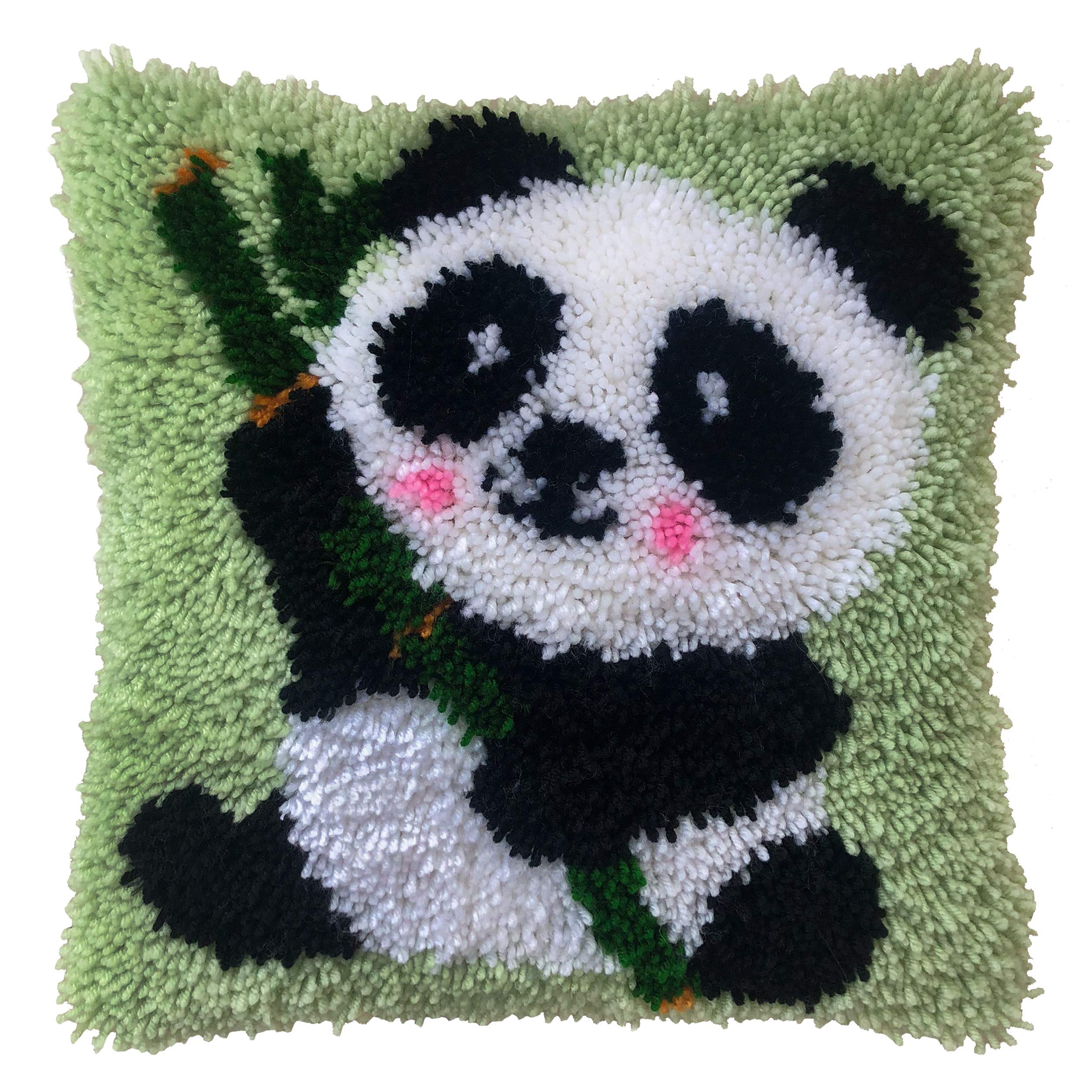 HAPYPando Latch Hook Kits for Adults/Kids Pattern Printed Latch Hook Pillow Kits Cover Everything Included Gift for Family Friends DIY Needlework Crafts for Home Sofa 17X17 Inches Panda Bamboo Green