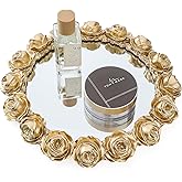Gold Rose Mirrored Vanity Tray - Ornate Makeup Vintage Round Perfume Dresser Jewelry Trinket Organizer for Bathroom Storage Home Decor