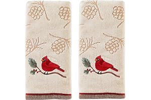 SKL Home Christmas/Winter Cardinal & Branch Hand Towel 2pc Set for Bath/Kitchen/Bar & Gift, Wheat