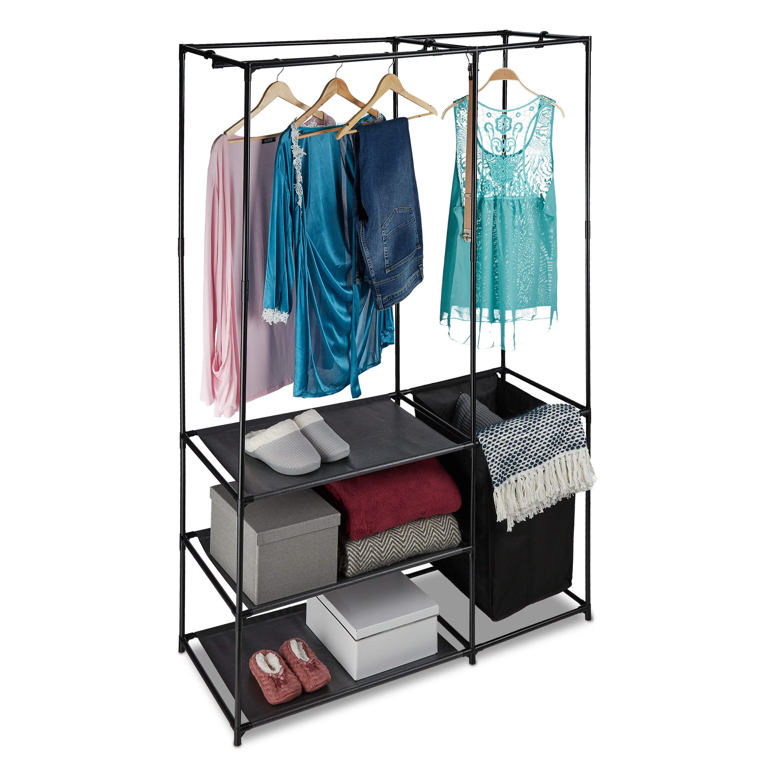 Relaxdays Open Wardrobe, With Laundry Basket, Freestanding, Clothes Rail With Shelves, HWD 180x115x50 cm, Black