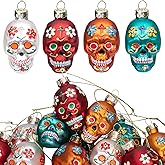 12pcs Day of The Dead Glass Ornaments - Dia De Los Muertos Sugar Skull Ornaments - Halloween Hanging Skeleton Head Ornament for Christmas Tree Hanging Decorations