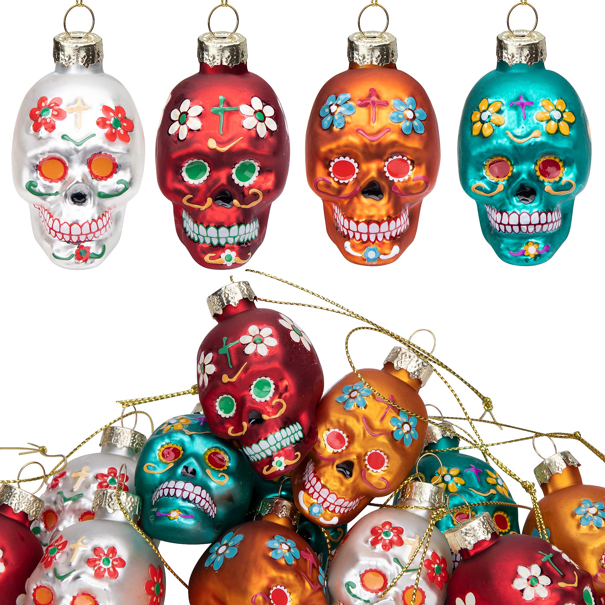 Photo 1 of 12pcs Day of The Dead Glass Ornaments - Dia De Los Muertos Sugar Skull Ornaments - Halloween Hanging Skeleton Head Ornament for Christmas Tree Hanging Decorations