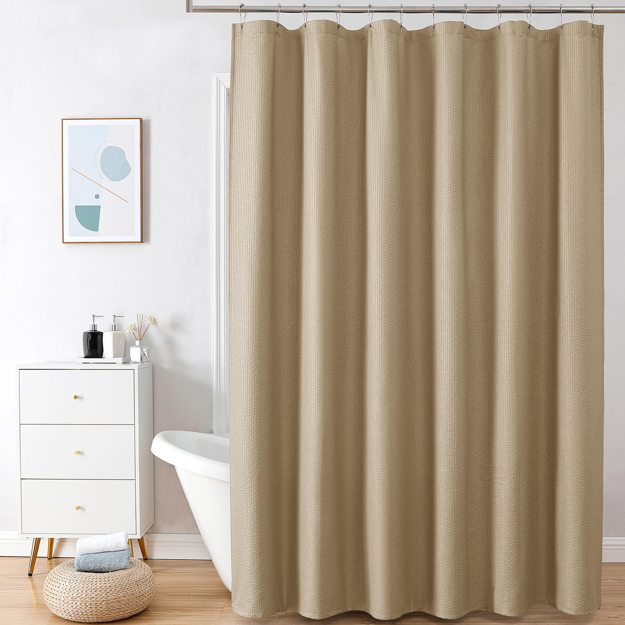 Photo 1 of **USED - MINOR DAMAGE**
OVZME Taupe Extra Long Shower Curtain 72 x 84 Inch, 3D Embossed Textured Fabric Shower Curtain for Bathroom, Hotel Spa Bathroom Curtains, Water Repellent Machine Washable