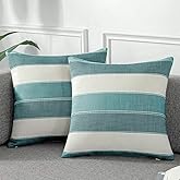 AmHoo Pack of 2 Farmhouse Stripe Check Throw Pillow Covers Set Case Cotton Linen Decorative Pillowcases Cushion Cover for Couch Bench Sofa 18x18Inch Teal Blue