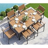 Vexwalx Outdoor Dining Set, Aluminum Dining Table Set for 6, Patio Table and Chairs Set with Umbrella Hole, All Weather HDPS Outdoor Table and Chairs for 6 (7-Piece, Gray-Teak)