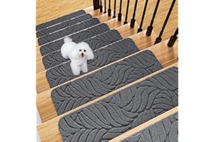 Fixmend Stair Treads Non Slip for Wooden Steps, 8" X 30" (15-Pack) Stair Runner Carpet Treads Indoor with Reusable Adhesive, Stairslide Carpets Rugs Safety Mats for Elders, Kids & Dogs, Dark Grey Leaf