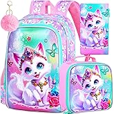 FTJCF 3Pcs Fox Backpack for Girls, 16" Kids Bookbag with Lunch Box,School Backpacks for Elementary Preschool Kindergarten (Pink)