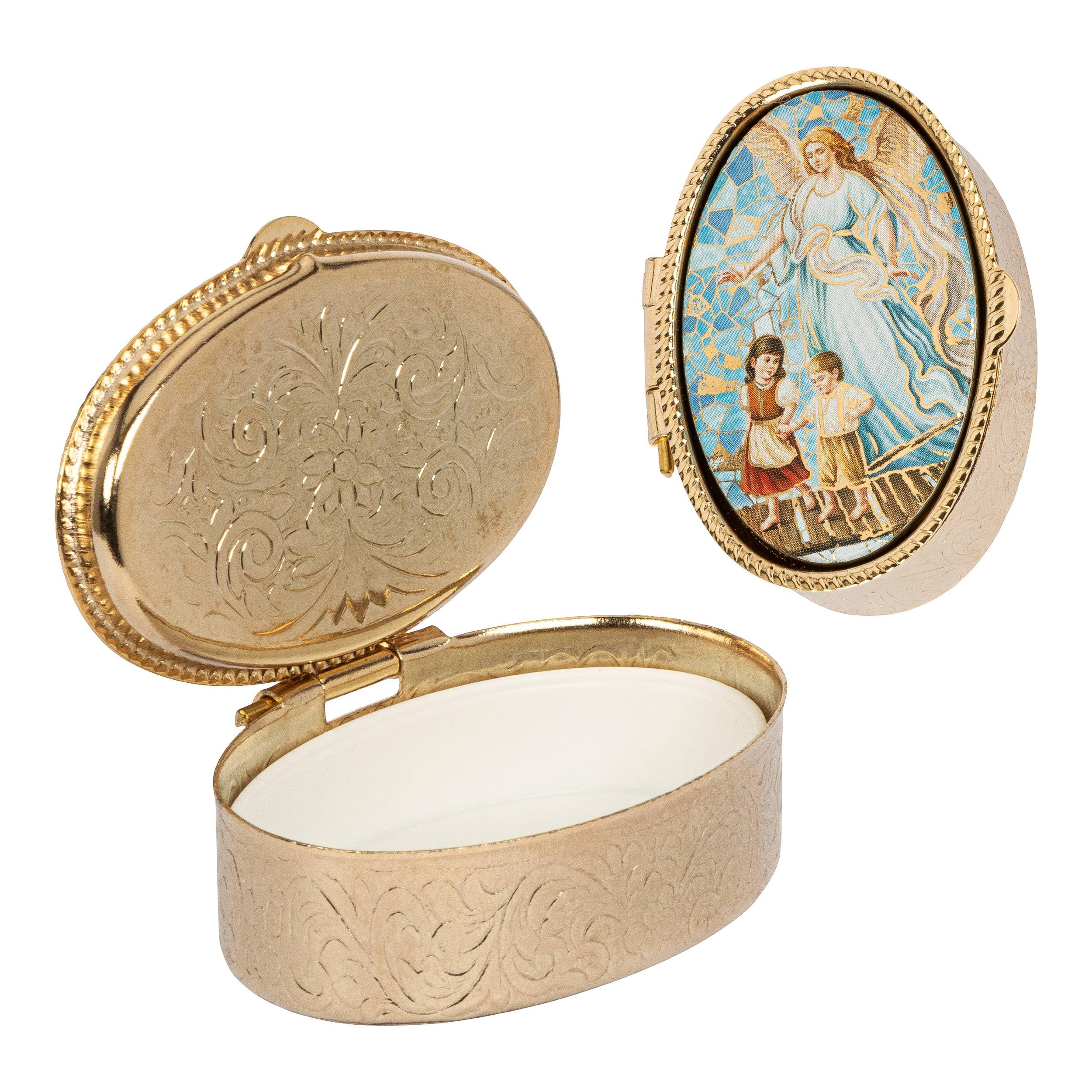 NKlaus metal case gold box oval guardian angel children on bridge 5x3,5cm rosary 2546