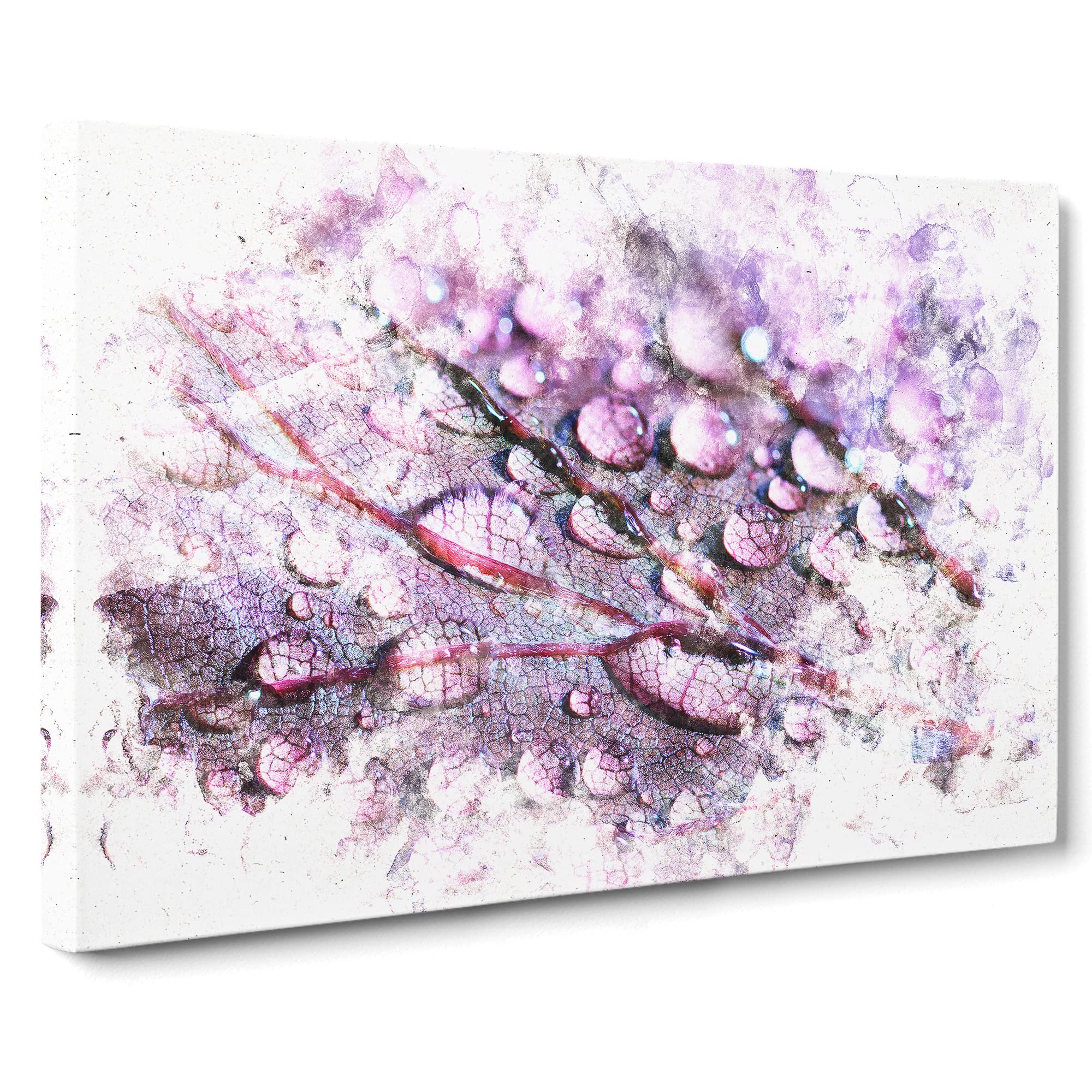 Dewdrops Upon A Lilac Leaf Watercolour Canvas Print | Gallery Wrapped 30mm Frame Wall Art | 20x14 inches | Ready to Hang | Modern Floral Picture | Living Room Bedroom Lounge Office