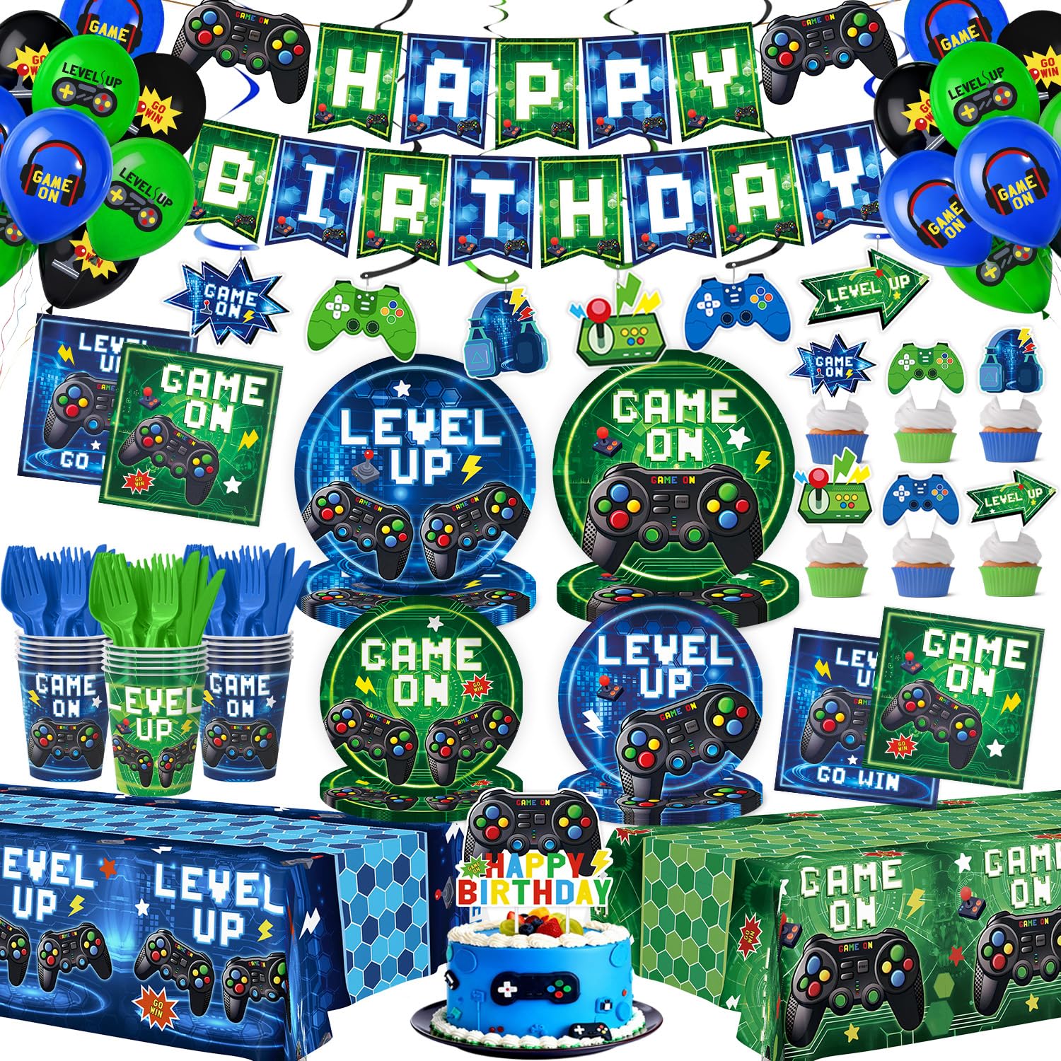 196 Pcs Video Game Birthday Party Decorations (Serves 24), Game Party Tableware Include Banner Hanging Plates Napkins Cups Forks Knifes Tablecloth Topper Balloons for Boy Party