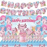 44Pcs Axolotl Birthday Party Supplies Include Happy Birthday Banner-Backdrop-Tablecloth-Balloons-Cake Topper-Cupcake Toppers for Axolotl Party Decorations