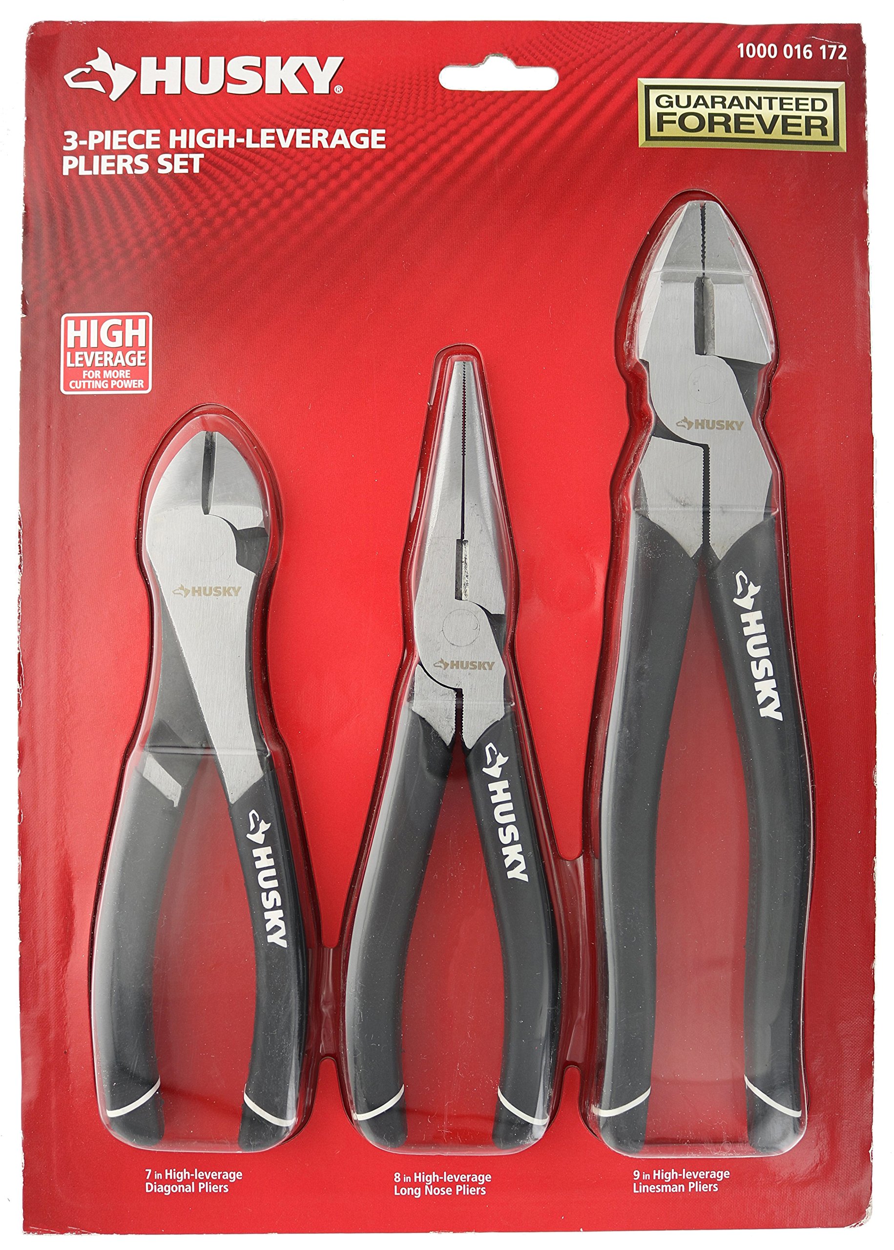 Husky 1006 3 Piece High-Leverage Pliers Set with 7 Inch Diagonal Pliers, 8 Inch Long Nose Pliers, and 9 Inch Linesman Pliers