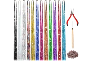 FEBSNOW 47 Inches Tinsel Hair Extension with Tool 12 Colors 2400 Strands Hair Extension Tinsel Kit Glitter Hair Extensions for Women Girls Hair Accessories for Christmas New Year Cosplay Party