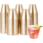 JOLLY CHEF 200 Pack 9 oz Glitter Plastic Cups, Disposable Gold Cups, Clear Plastic Tumblers for Wedding, Thanksgiving, Christmas Party