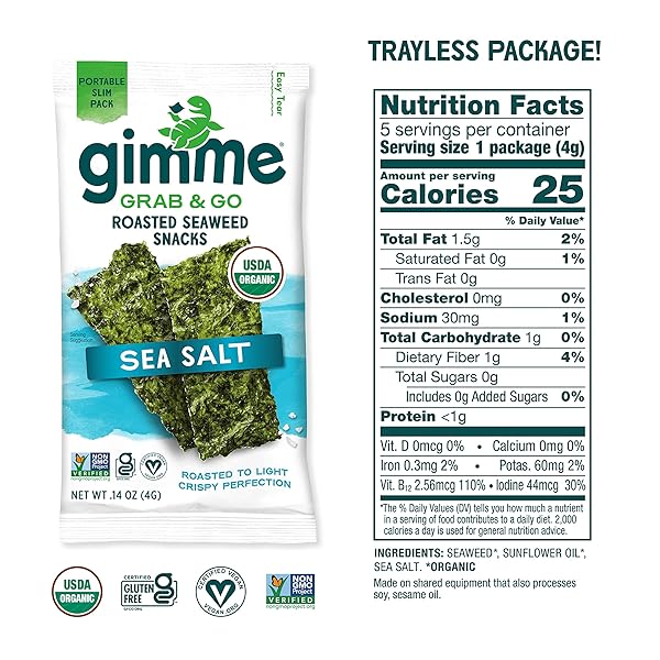 GIMME SEAWEED GRAB & GO ORGANIC PREMIUM ROASTED SEAWEED SNACKS, SEA SALT, 5 COUNT TRAYLESS, KETO, VEGAN, GLUTEN-FREE, GREAT SOURCE OF OMEGA3S AND IODINE, HEALTHY ON-THE-GO SNACK FOR KIDS AND ADULTS