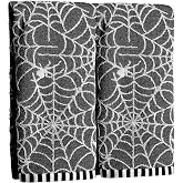 2 Pack Spider Web Halloween Hand Towels for Bathroom,100% Cotton | Black White 3D Spider Jacquard Soft Absorbent Decorative Towel Set for Halloween Kitchen Guest Decor Gift 13.8x29.5 Inches