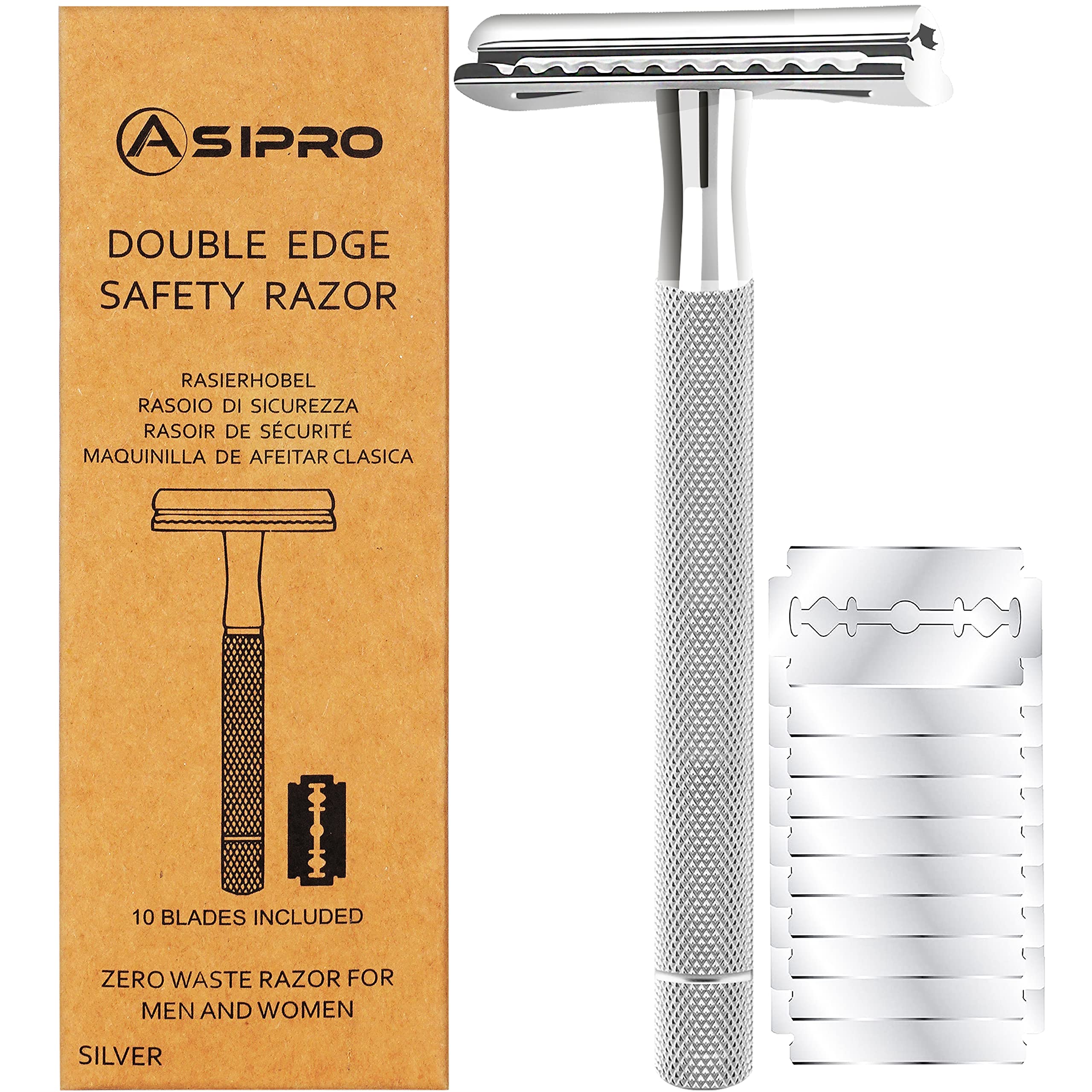 Photo 1 of ASIPRO Double Edge Safety Razor for Men & Women - 10 Blades Included, Reusable Metal Single Blade Razor Kit, Stainless Steel Gift