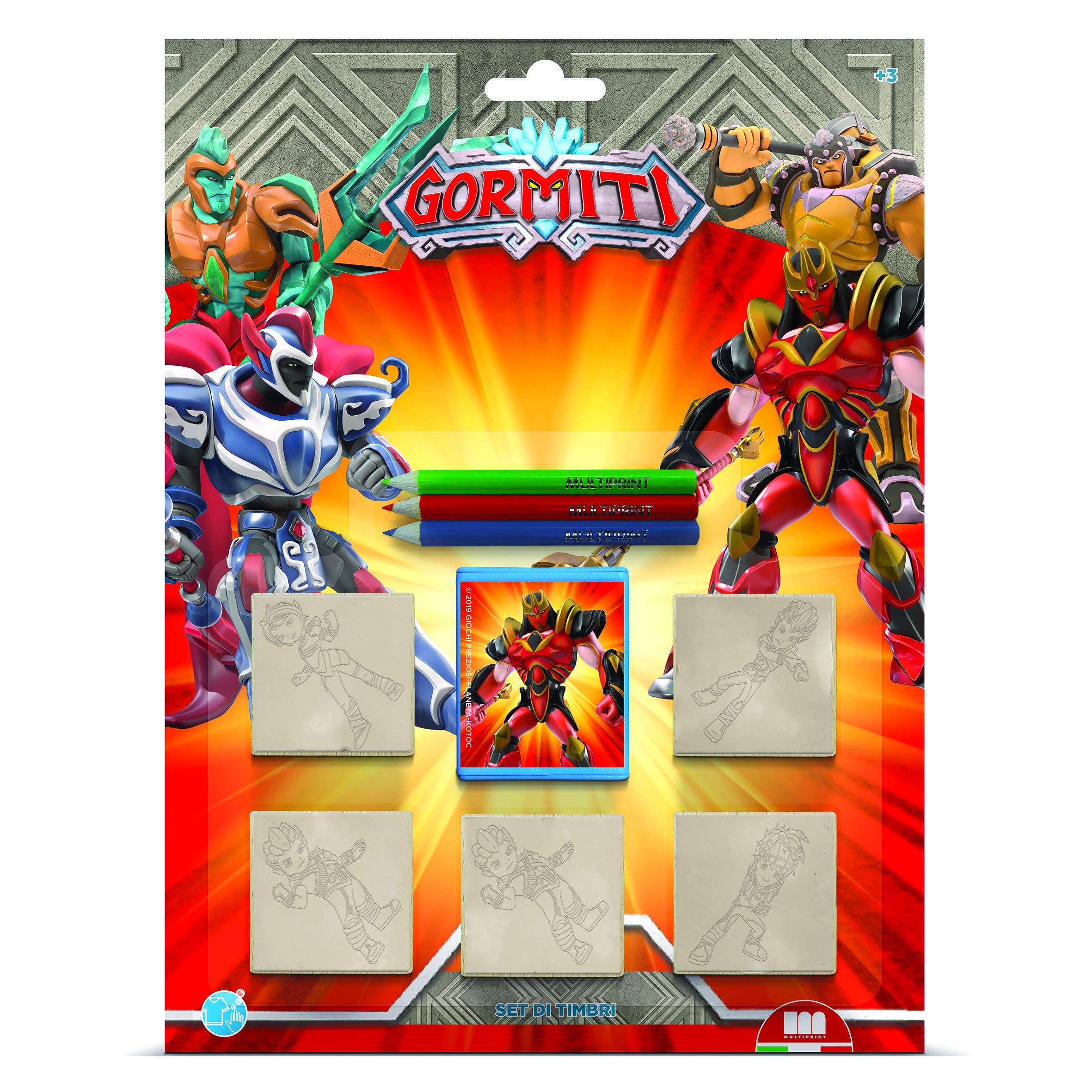 Multiprint Blister 5 Stamps for Kids Gormiti, 100% Made in Italy, Personalized Stamps for Children, in Wood and Natural Rubber, Non-toxic Washable Ink, Gift Idea, art.05840