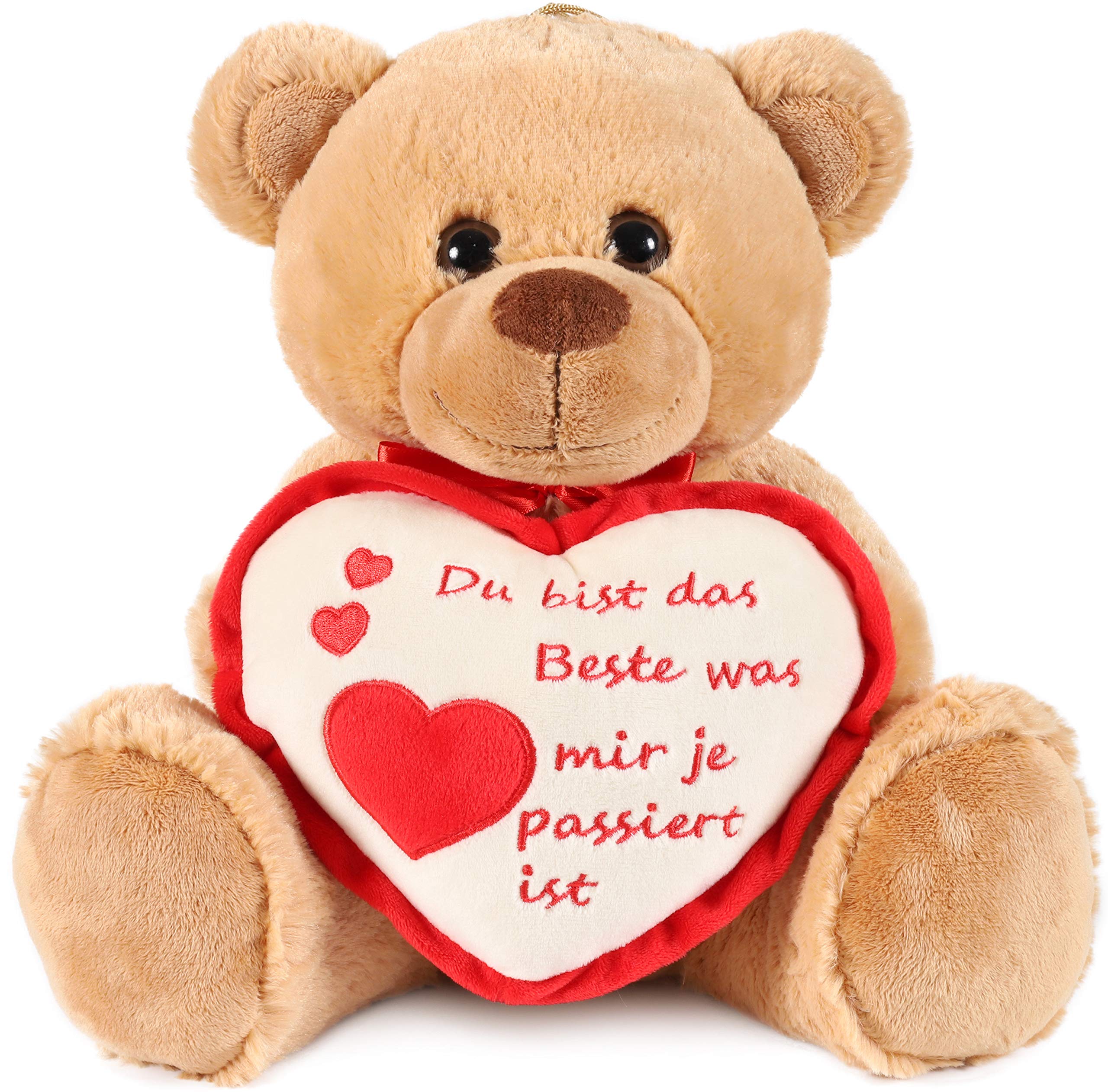 BRUBAKER Teddy Plush Bear With Heart Red Beige - Du Bist Das Beste Was Mir Je ... - 14 Inches (35 Cm) - Teddy Bear Plush Teddy Cuddly Toy - Light Brown