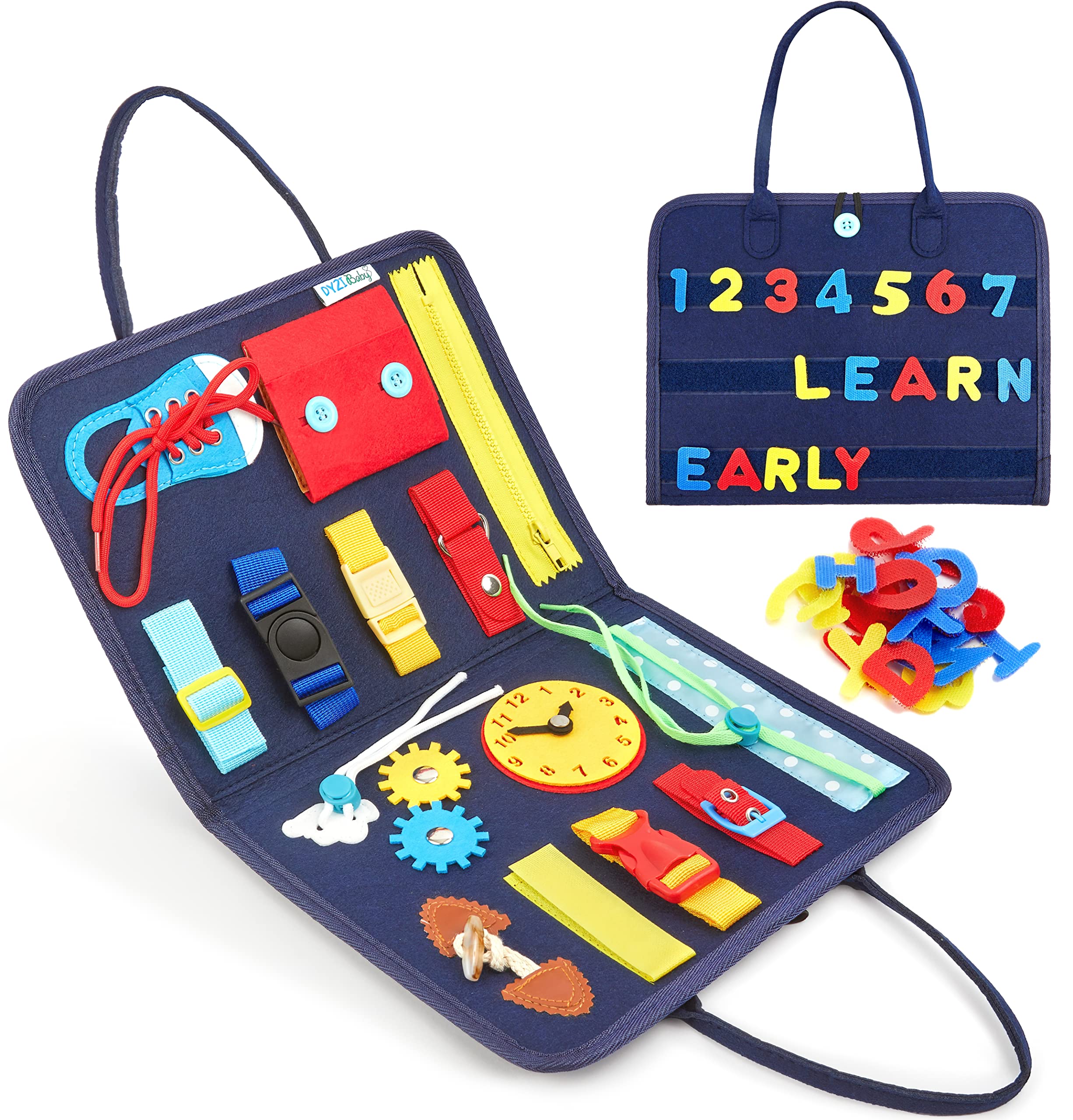 DYZI Busy Board for Toddlers-Educational Preschool Activity Toy for Boys & Girls-Sensory Travel Toys for Early Development-Montessori Board with Buckles for 1 2 3 4 Years Old for Kids