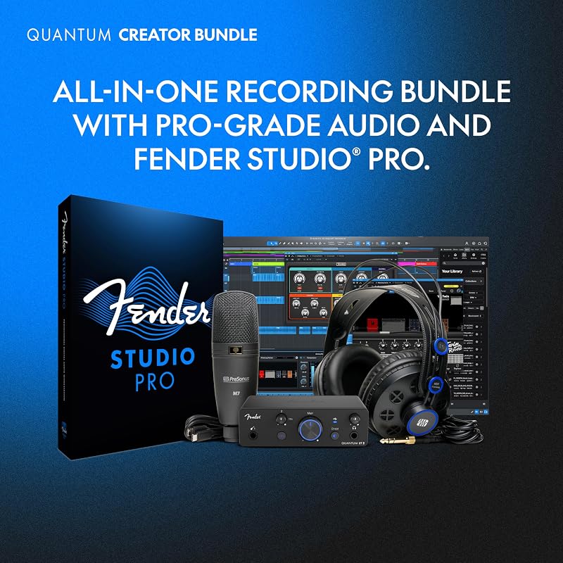 Quantum Creator Bundle | Kit de grabación casera con interfaz USB-C Quantum LT 2, micrófono condensador M7, auriculares HD7, cable XLR, soporte para micrófono y Fender Studio Pro.