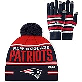 FOCO NFL unisex-adult Nfl Team Logo Adult Stretch Gloves With Big Wordmark Strip Pom Knit Hat Beanie Set