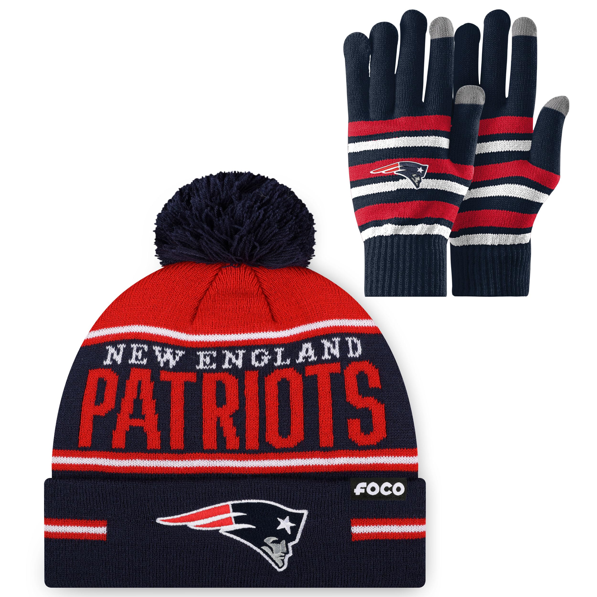 Photo 1 of *** NO GLOVES *** FOCO New England Patriots NFL Stretch Glove & Big Wordmark Stripe Pom Beanie - Bundle