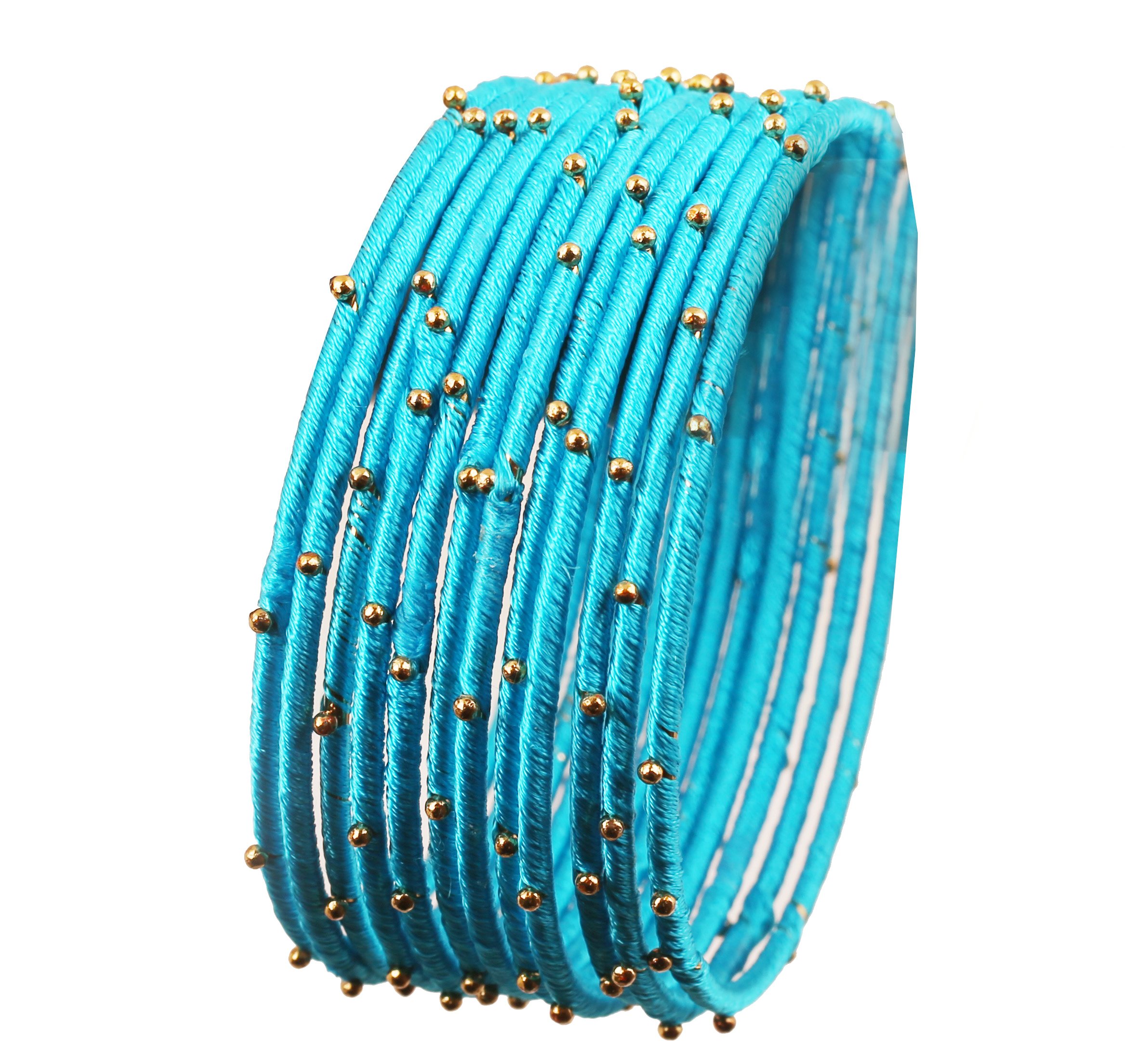 Touchstone "Silk Thread Bangle Collection Indian Bollywood Handcrafted Faux Silk Thread Exotic Look with Golden Beads Turquoise Blue Designer Bangle Bracelets Set of 12 for Women. — image 1