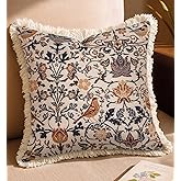 Kokaaee Decorative Throw Pillow Cover 18x18 - Vintage Pillowcovers with Fringe Bird Flower Cute Embroidered Pillow Case with Zipper for Living Room Couch Sofa Bed Rustic Boho Design Abstract