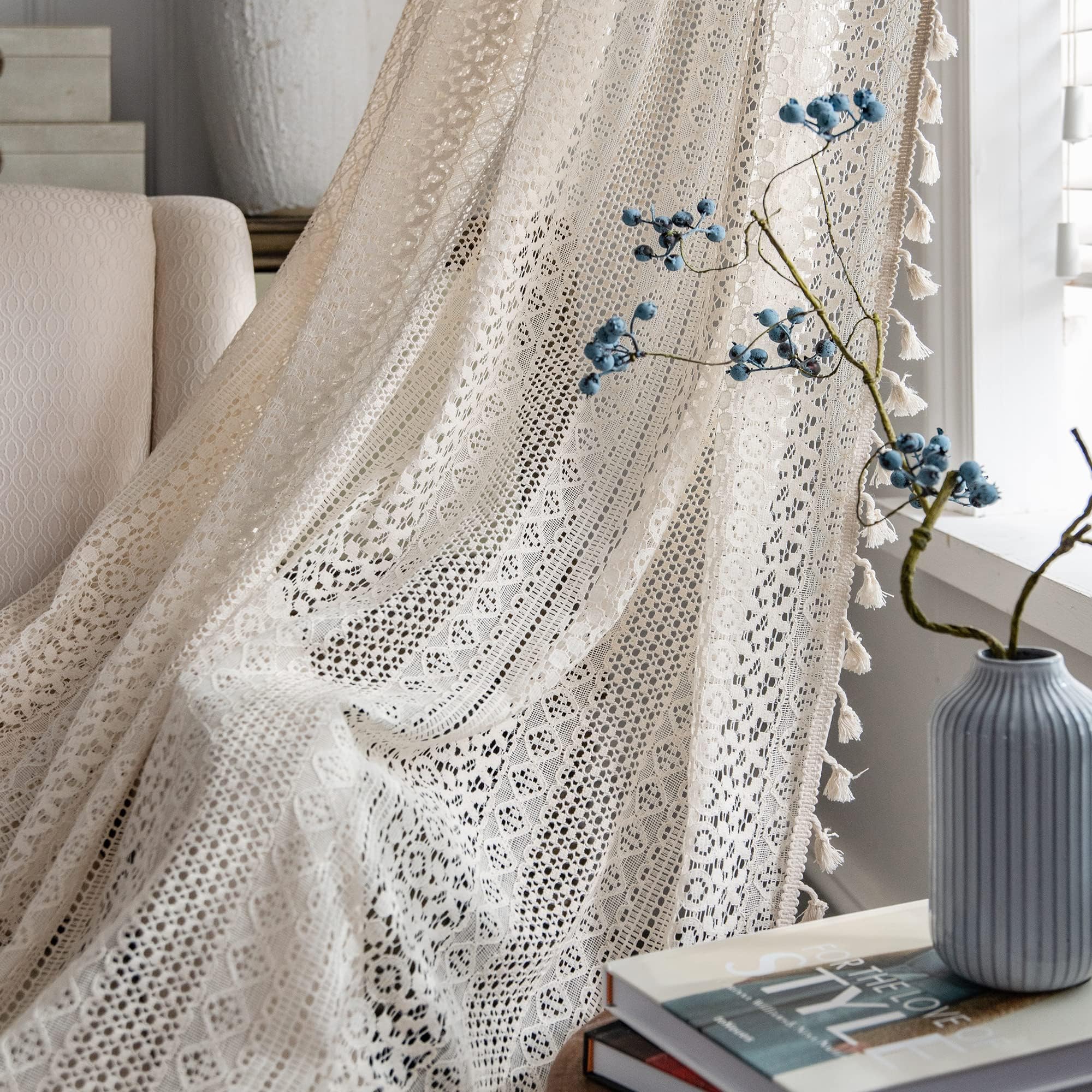 JOOJA 2 Panels Boho Lace Sheer Curtains Embroidered Bohemian Vintage Curtains Farmhouse Semi Blackout Beige Sheer Curtains for Living Room, Bedroom (Crochet Beige, 59x84)