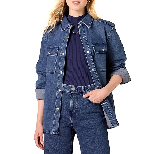 Amazon Essentials Women's Oversized-Fit Heavyweight Denim Shirt Jacket, Medium Wash, Small