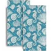 Seahorse Corals Teal Green Decorative Hand Towel Set of 2 - Soft Bath Towels for Sports, Gym, Yoga, Home - Nautical Bathroom Decor - 14x28 Inch