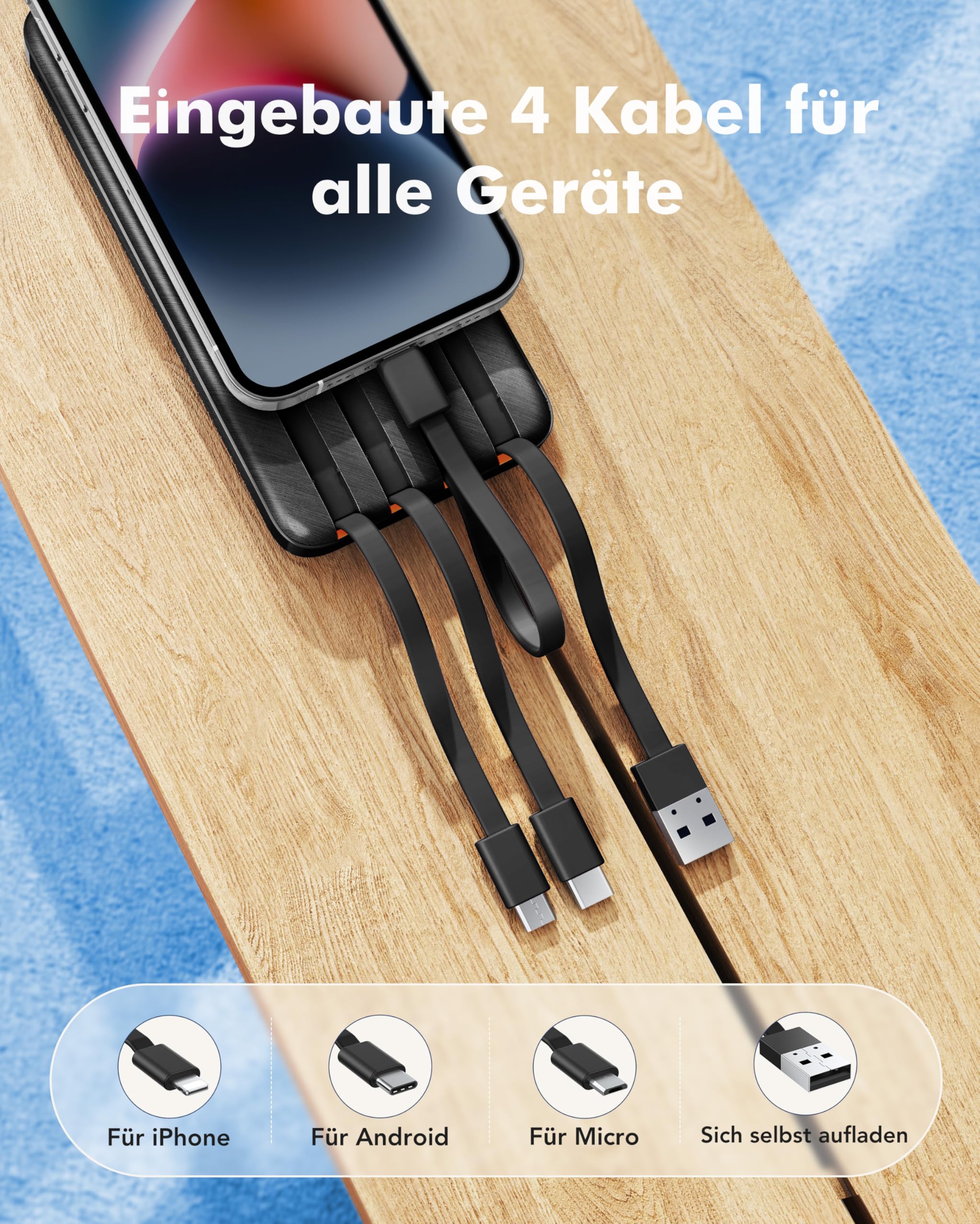 Charmast Power Bank, 22,5W Powerbank 20000mAh mit 4 Kabel und LED-Display, USB C PD3.0 QC4.0 Externe Handyakkus mit 6 Ausgängen Kompatibel mit iPhone 17 16 15 14 13 12 Pro Max Plus Samsung S24 Tablet 2