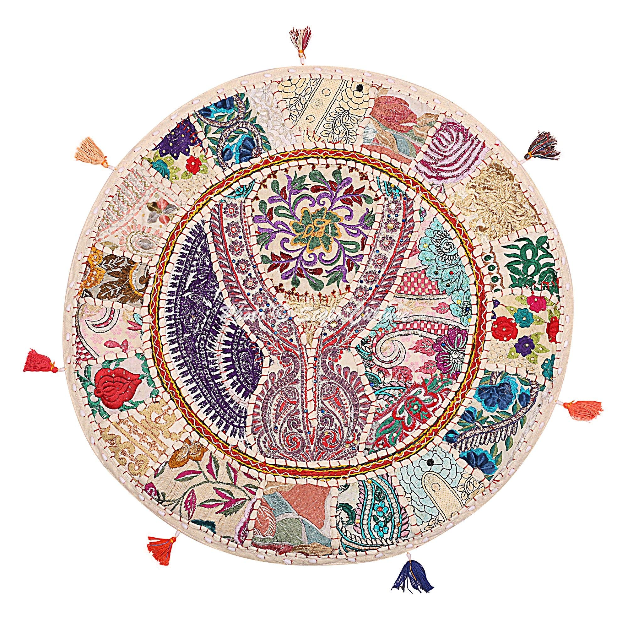 Stylo Culture Ethnic Bohemian Floor Cushion Meditation Throw Pillow Cover White 70x70 cm Vintage Patchwork Lounge Round Large 28 inch Lounge Cotton Embroidered Couch Sitting Cover