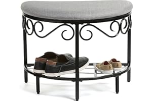 Mango Steam Shoe Bench - Texture Woven Fabric Top and Durable Steel Legs (Gray, Round)