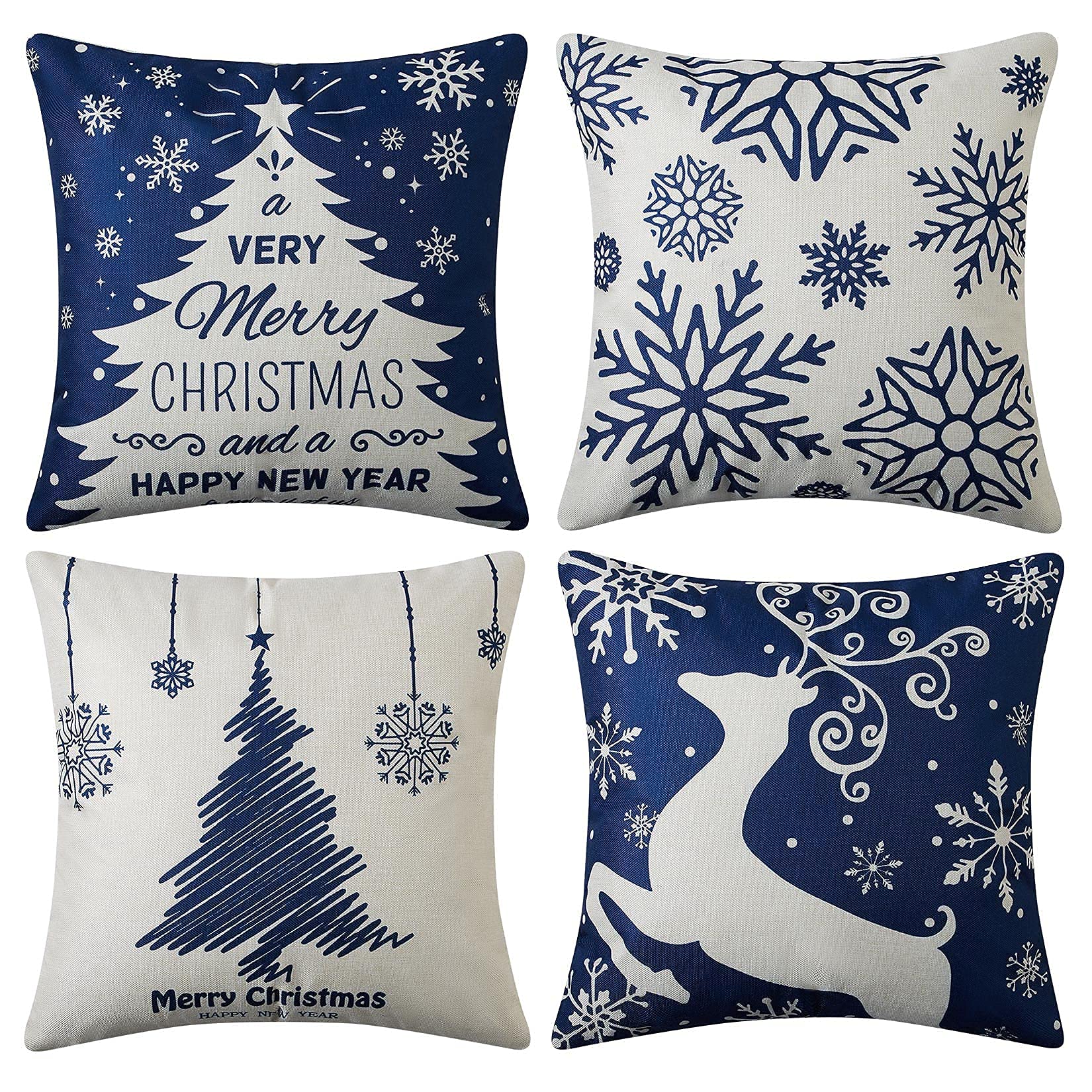 CAROMIO Christmas Cushion Covers Set of 4 Decorative Farmhouse Pillow Covers 45 x 45 Blue Christmas Decorations Pillow Cases for Sofa & Bedroom 18 x 18 Inch
