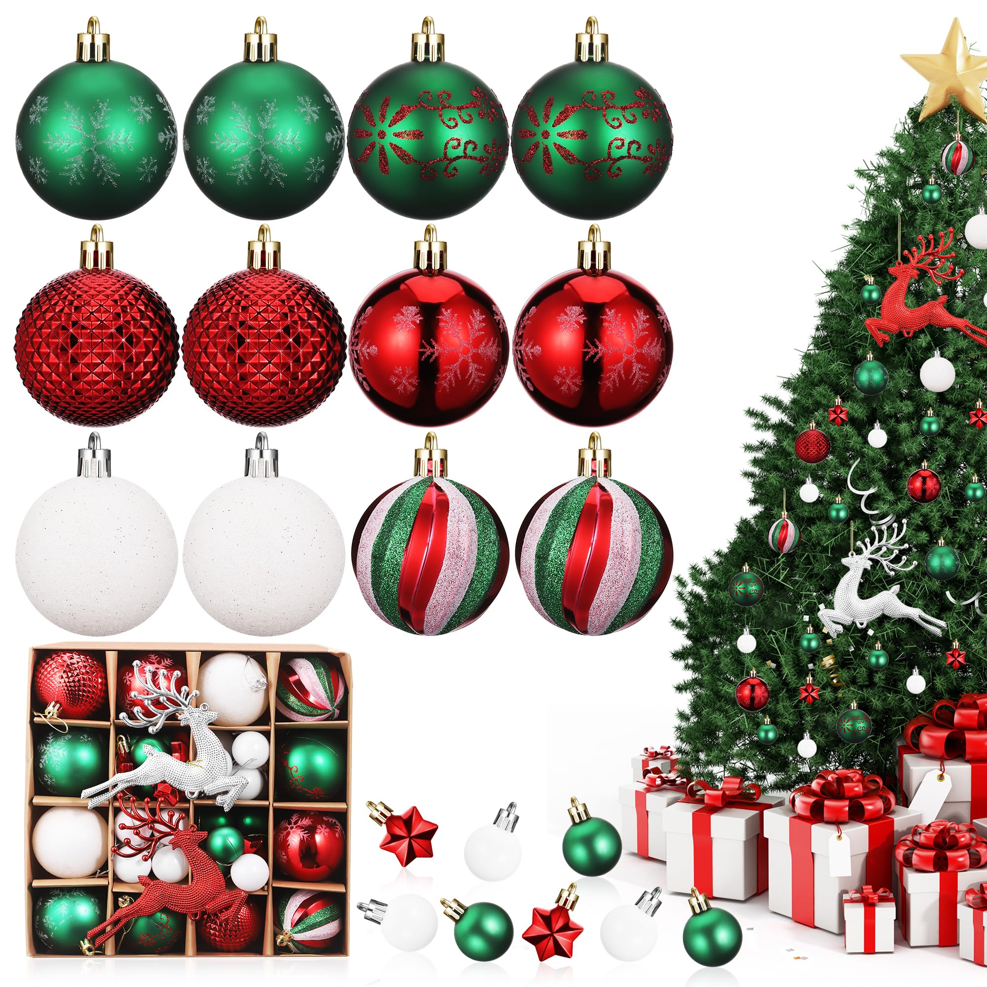 Fentar Christmas Tree Baubles, 46pcs Beautiful Christmas Balls with Various Styles, Shatterproof Xmas Bauble Set, Hanging Ball Ornaments, Red and Gold Baubles for Xmas Tree Decorations