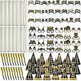 Gemscream 240 Pcs 2026 New Years Eve Party Favor Supplies for 48 Pcs Guest Happy New Year Glasses Paper Headband Cone Hat Fringed Noisemaker Black Gold Bead Necklace for Newyear Christmas Party Decor