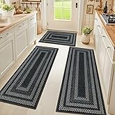 HEBE Washable Kitchen Rugs Sets of 3, Non Slip Absorbent Kitchen Rugs and Mats, Farmhouse Stain Resistant Faux Jute Kitchen Mat Carpet Runner for Kitchen Floor, Laundry Room, Hallway, Black/Grey