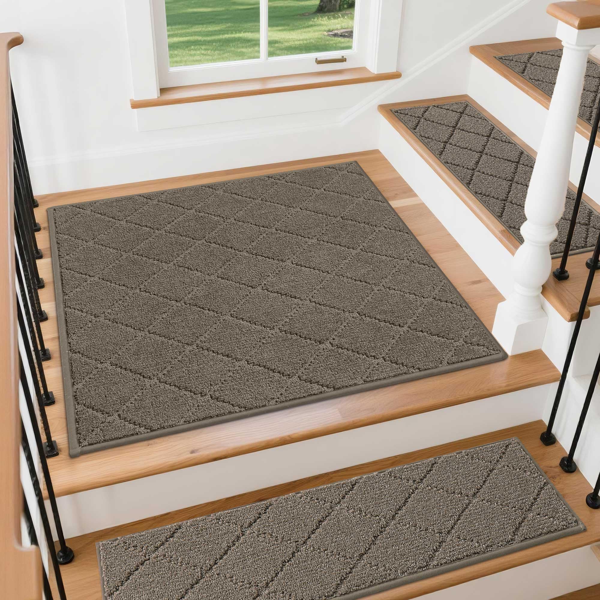 COSY HOMEER Stair Landing Rugs Non-Slip Corner Indoor Edging Stair Treads for Wooden Steps,Washable Soft Stair Landing Mat for Kids,Elder and Dogs,Polyester,TPE Backing,Light Brown,30x30inch Image