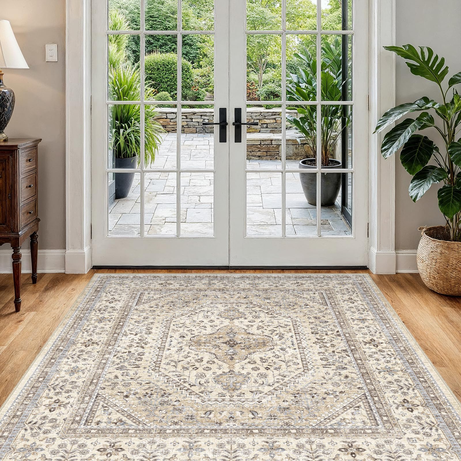 4X4 Square Rug for Living Room - Washable Kitchen Area Rug with Non Slip Rubber Backing for Bedroom Indoor Soft Stain Resistant Carpet Desk Rug for Pet-Friendly and Kitchen Decor Beige/Gray Image