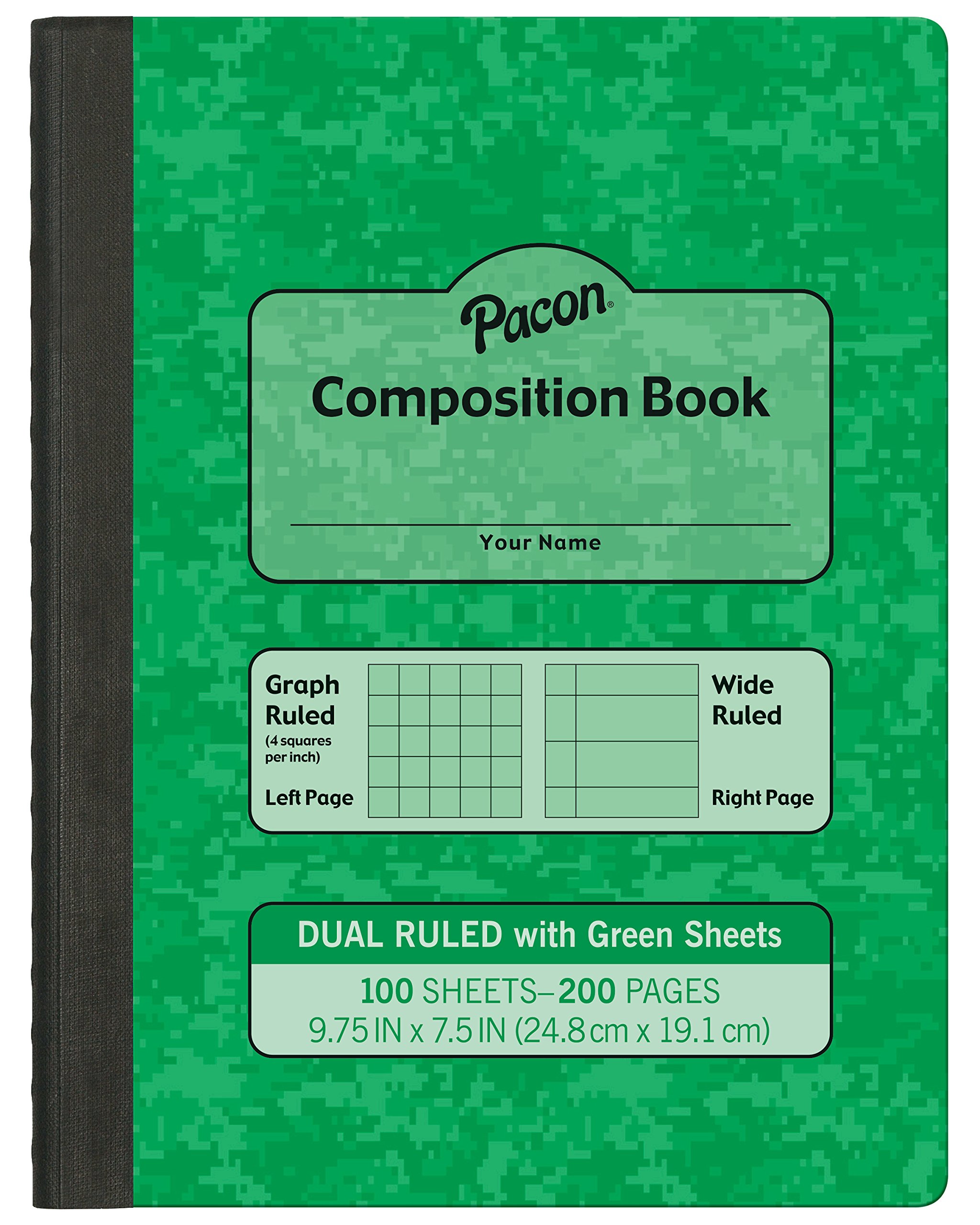 Pacon Dual Ruled Composition Book, Green, 1/4" Gr, 9-3/4 x 7-1/2 in