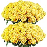 Auihiay 60PCS Yellow Roses Bulk, Yellow Velvet Silk Fake Roses, Realistic Flowers for Wedding Centerpieces, Bridal Bouquets, Home Decor, Baby Shower, Valentine's Day Party Decorations